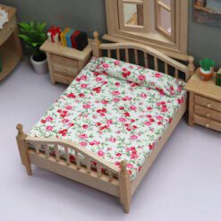 Miniature Wooden Bed with Floral Bedding 9 Miniature wooden bed with floral bedding for dollhouse