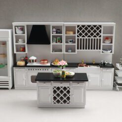 Miniature white kitchen set with black countertops for dollhouse