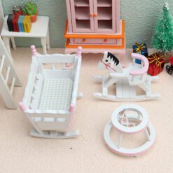 Miniature cradle, rocking horse, and walker set for dollhouses