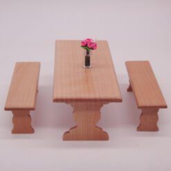 Miniature wooden dining table with two benches