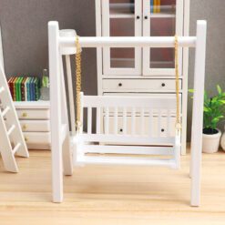 Miniature Wooden Swing with Golden Chains, 1/12 Scale Dollhouse Furniture 10 Miniature swing with a white frame and golden chains