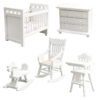 Miniature white nursery furniture set including crib, dresser, rocking chair, and more.