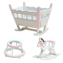 Miniature cradle, rocking horse, and walker set for dollhouses