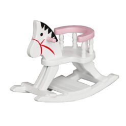 Miniature wooden rocking horse with blue detailing for dollhouse nurseries.