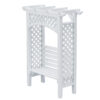 Miniature White Garden Arbor with Bench 2 White miniature garden arbor with slatted bench, perfect for dollhouse outdoor scenes.
