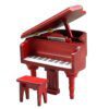 Set of miniature grand pianos in white, black, and red, complete with a matching piano bench for dollhouses.