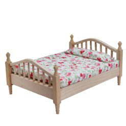 Miniature Wooden Bed with Floral Bedding 11 Miniature wooden bed with floral bedding for dollhouse