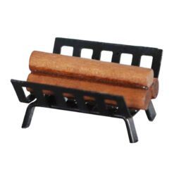 Miniature firewood rack with logs, ideal for dollhouse living rooms or outdoor settings.