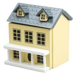 Miniature dollhouse in pastel colors with openable doors and roof, designed for 1/12 scale.