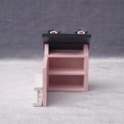 Miniature dollhouse in pastel colors with openable doors and roof, designed for 1/12 scale.