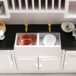 Miniature white kitchen set with black countertops for dollhouse