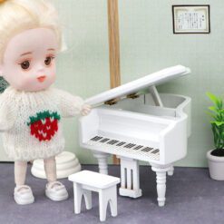 Set of miniature grand pianos in white, black, and red, complete with a matching piano bench for dollhouses.